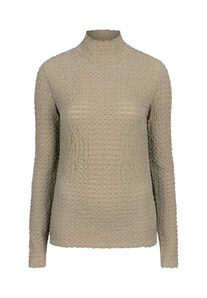 Beige coltrui met een textuur in een wafelpatroon, met lange mouwen en een rechte onderkant. Zacht, lichtgewicht materiaal.