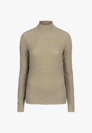 Beige coltrui met een textuur in een wafelpatroon, met lange mouwen en een rechte onderkant. Zacht, lichtgewicht materiaal.