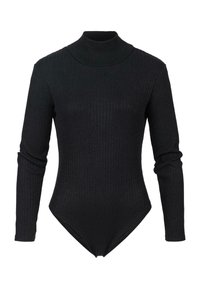 Schwarzer, gerippter Rollkragen-Bodysuit mit langen Ärmeln und figurbetonter Silhouette, ausgestattet mit einem Tanga-Schnitt und weichem, strukturiertem Stoff.