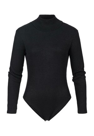 Body en maille côtelée noir à col roulé, avec manches longues et silhouette ajustée, présentant une découpe style thong et un tissu doux et texturé.