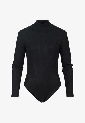 Body en maille côtelée noir à col roulé, avec manches longues et silhouette ajustée, présentant une découpe style thong et un tissu doux et texturé.