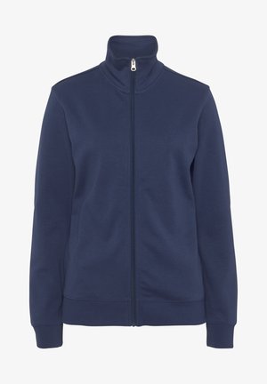 Navyblaues Zip-Jackett aus weichem Material, mit hohem Kragen, glatter Textur und gerippten Bündchen und Saum. Keine zusätzlichen Verzierungen.