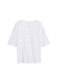Witte t-shirt met korte mouwen, gemaakt van zachte katoen. Heeft een comfortabele pasvorm en is voorzien van geborduurde tekst "RELAX en HERHAAL" in een subtiele kleur.