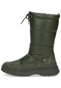 Bota verde acolchada hasta la rodilla con parte superior ajustable, suela de goma y puntera reforzada, que presenta un acabado texturizado y detalles de costura en contraste.