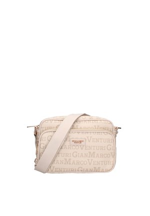 Sac bandoulière rectangulaire beige avec sangle en tissu, poche zippée à l'avant et motif répétitif du logo "GIAN MARCO VENTURI".