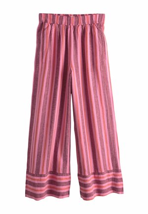 Hose mit weitem Bein, vertikalen rosa und roten Streifen, elastischem Bund und horizontalen Streifen am Saum.