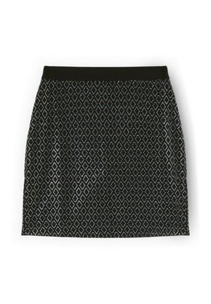 Czarna spódnica z geometrycznym wzorem w diamenty w kolorze srebrnym. Posiada dopasowany krój i elastyczny pas. Gładka faktura.
