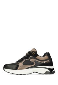 Black and bronze sneaker with mesh and leather details, white thick sole, and black laces, shown from the outer side on a white background.