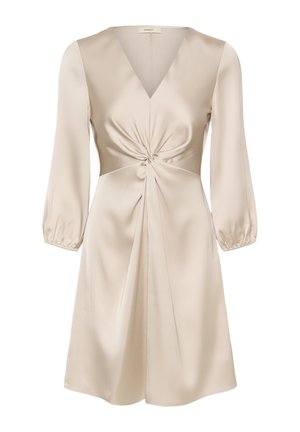 Beiges, knielanges Kleid aus Satin. Hat einen V-Ausschnitt, lange Puffärmel und einFront-Knotendetail mit drapiertem Stoff.