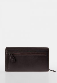Brown leather wallet with a smooth texture, featuring a zippered pocket on the back and a sleek, rectangular design.