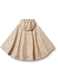 Blommig regnponcho i beige med huva. Har en lös, flödande design och knäppningar på sidorna. Mjuk, strukturerad tyg.