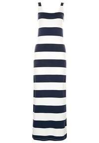 Maxiklänning med växelvis marinblå och vita horisontella ränder, gjord av ett mjukt och stretchigt material med rundad halsringning och ärmlös design.