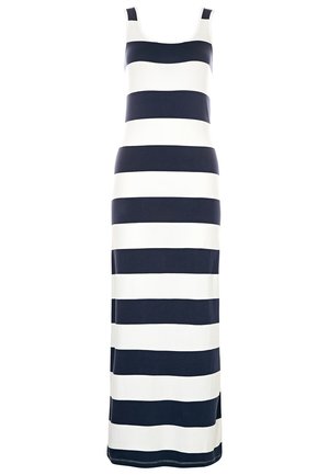 Robe maxi avec des rayures horizontales alternées bleu marine et blanches, confectionnée dans un tissu doux et extensible, avec un col en scoop et sans manches.