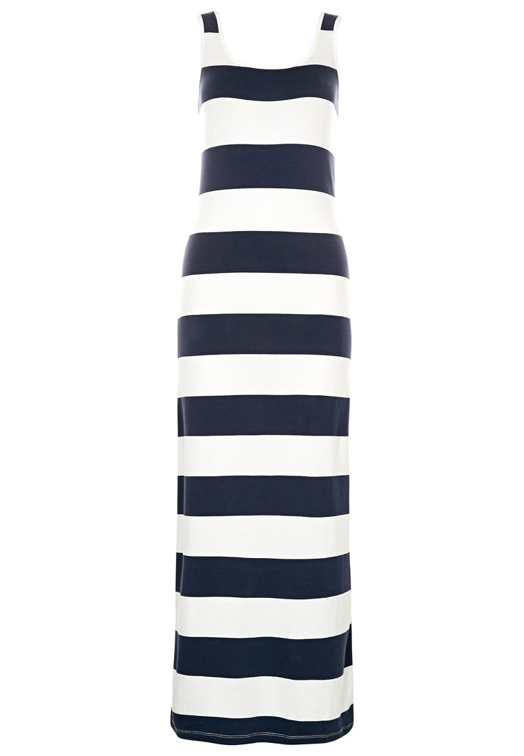 Maxiklänning med växelvis marinblå och vita horisontella ränder, gjord av ett mjukt och stretchigt material med rundad halsringning och ärmlös design.