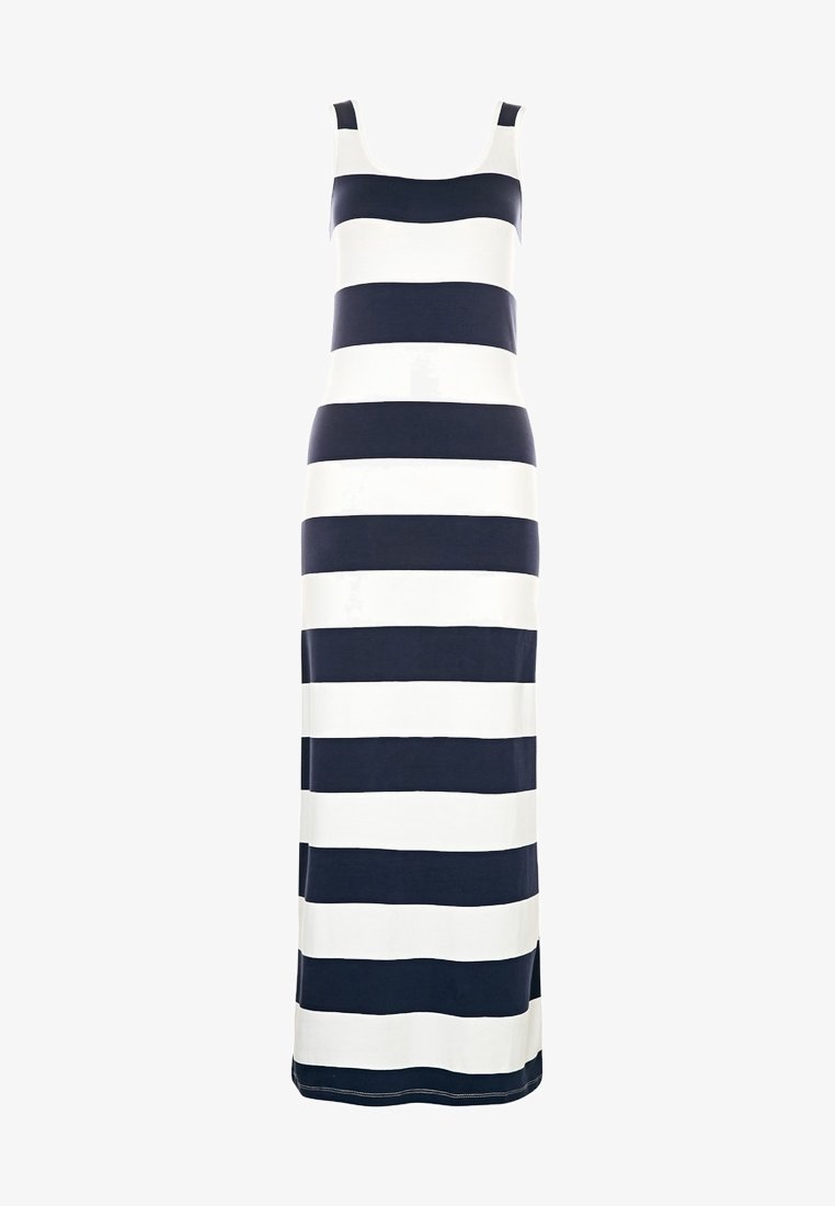 Maxi dress featuring alternating navy blue and white horizontal stripes, made of a soft, stretchy fabric with a scoop neckline and sleeveless design.