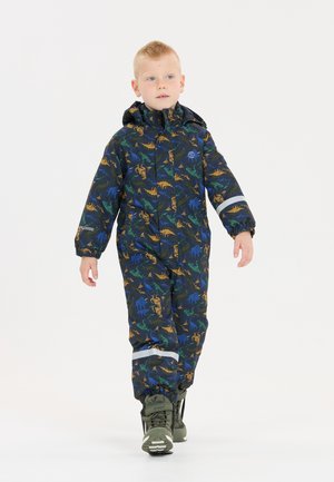 Lapsille tarkoitettu musta haalari, jossa on värikäs dinosaurusteema. Varustettu hupulla, joustavilla hihansuilla ja heijastavilla yksityiskohdilla.