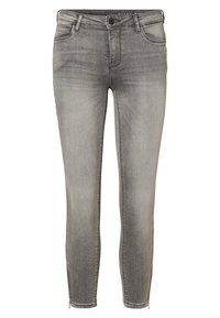 Jeans de ganga cinza com um corte slim, apresentando uma cintura padrão, bolsos frontais e um desbotado subtil. Comprimento até ao tornozelo com uma textura suave.