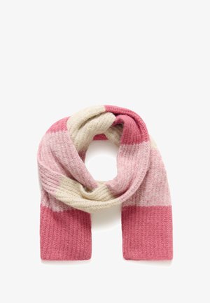 Sciarpa lavorata a maglia con un motivo a righe in tonalità di rosa e crema. Texture morbida con una trama spessa, progettata per calore e comfort.