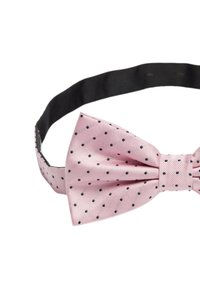 Rosa silkeslips med svarta prickar, med ett strukturerat ribbat mönster och ett justerbart svart band för fastsättning.