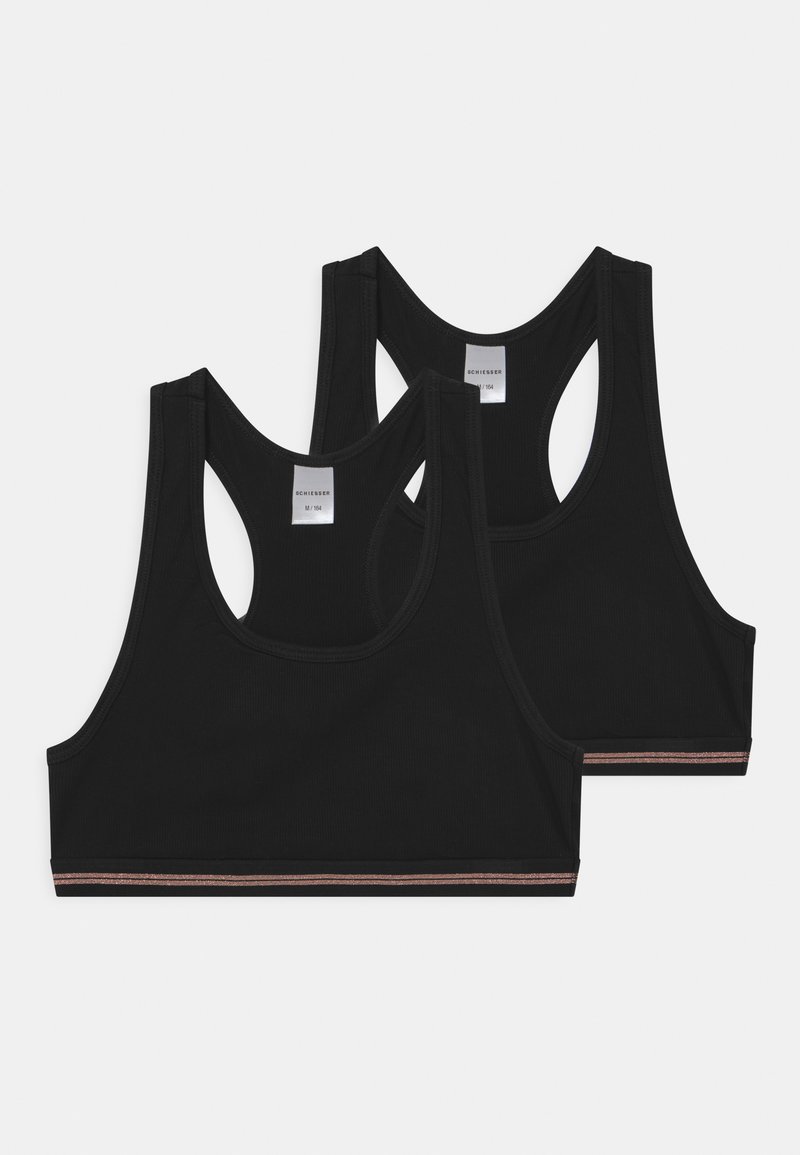 Sorte sport-bh'er med ribbet tekstur. Racerback-design. Inkluderer en dekorativ stribe langs bunden. Vist som et sæt med to.