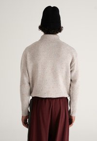 Helle graue Strickjacke mit hohem Kragen, die bunte Sprenkel aufweist. Getragen mit kastanienbraunen Hosen, zeigt die Rückansicht gerippte Bündchen und Kragen.