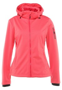 Pink softshell jacket with a high collar, zip-up front, hood, and an arm pocket. Features smooth texture and fitted design.