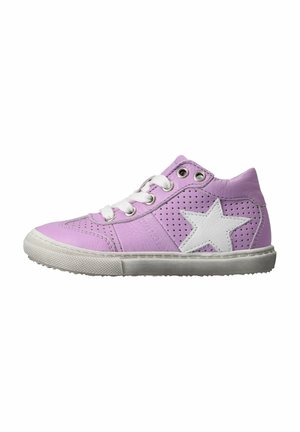 Lilac high-top sneaker with white laces, perforated sides, and a large white star emblem on the outer side.