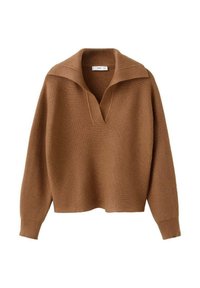 Bruine geribbelde gebreide trui met lange mouwen en een brede kraag met een diepe V-halsopening.