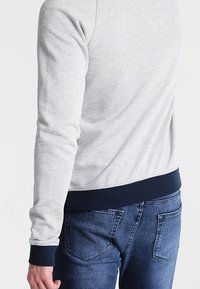 Felpa grigia chiaro realizzata in tessuto morbido, con collo a giro e polsini e orlo a coste color navy. Indossata con jeans blu scuro.