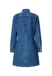 Robe en jean, longueur mi-cuisse, couleur bleue, design avec col, manches longues avec poignets à boutons, détail de couture au dos, sans poches ni embellissements.