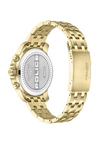 Orologio in acciaio inossidabile tono oro con quadrante rotondo, quadrante bianco e logo "POLICE" ben visibile. Presenta un bracciale a maglie e chiusura a scatto.