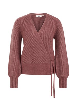 Ribbed, dusty rose wrap sweater with long balloon sleeves, V-neck, and adjustable tie at the waist. Made from textured knit material.