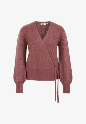 Cardigan a coste in rosa polveroso, con maniche lunghe a palloncino, scollatura a V e un laccio regolabile in vita. Realizzato in materiale a maglia testurizzata.
