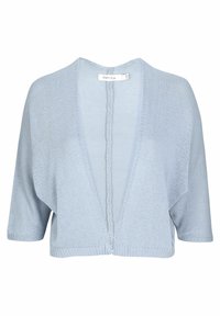 Jasnoniebieski sweter na drutach, otwarty z przodu, z krótkimi rękawami, z centralnym teksturowanym detalem. Miękka faktura, luźny krój.