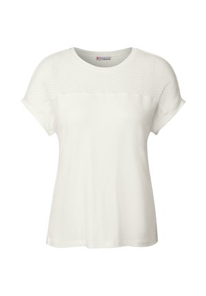 T-shirt bianco a maniche corte con una sezione superiore in maglia testurizzata e una sezione inferiore liscia. Collo arrotondato e vestibilità rilassata.