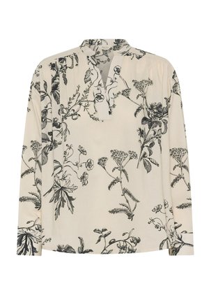 Long-sleeve blouse in cream fabric, featuring black floral print. Designed with a classic collar and pleated detailing at the neckline.