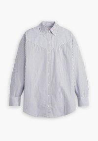 Chemise boutonnée à rayures blanches et bleu marine, dotée d'un col classique, de manches longues et d'un empiècement sur les épaules.