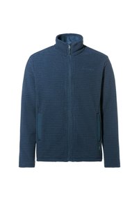 Giacca in pile blu con un motivo testurizzato, colletto alto, zip frontale e due tasche laterali. Presenta accenti blu a contrasto.