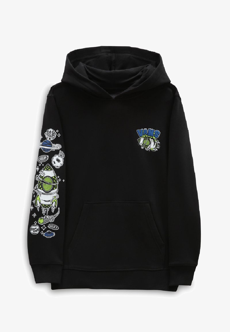 Sweat à capuche noir avec des graphismes thématiques de l'espace en vert et bleu, comprenant une fusée et des planètes sur la manche gauche, ainsi qu'un petit logo "Vans" avec une fusée sur la poitrine.