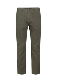 Pantaloni dritti verde oliva con tasche a toppa frontali, passanti per cintura e chiusura con bottone e zip, realizzati in un resistente tessuto misto cotone.