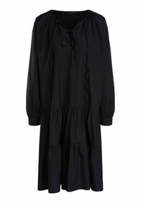 Robe midi noire à manches longues, jupe à volants, poignets élastiques et détail noué au col rond froncé.