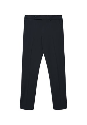 Schwarze maßgeschneiderte Hosen mit flacher Vorderseite, zwei vorderen Taschen und doppeltem Knopfverschluss an der Taille. Hergestellt aus einem glatten Stoff.