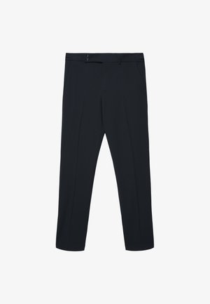 Schwarze maßgeschneiderte Hosen mit flacher Vorderseite, zwei vorderen Taschen und doppeltem Knopfverschluss an der Taille. Hergestellt aus einem glatten Stoff.