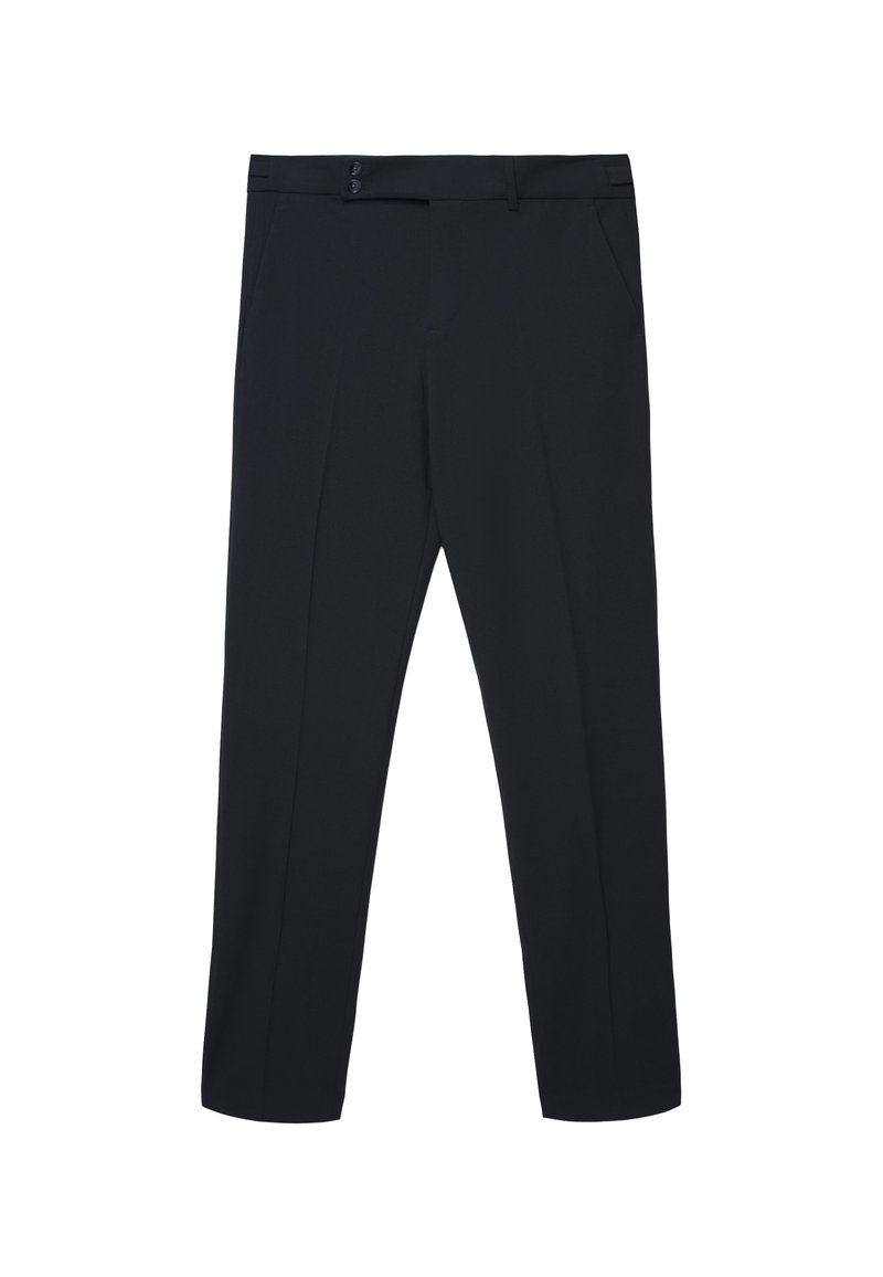 Schwarze maßgeschneiderte Hosen mit flacher Vorderseite, zwei vorderen Taschen und doppeltem Knopfverschluss an der Taille. Hergestellt aus einem glatten Stoff.