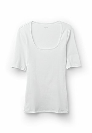 Witte top met korte mouwen, voorzien van een vierkante halslijn en ribbelstructuur. Gemaakt van een zachte, rekbare stof voor comfort.