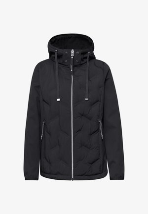 Veste matelassée noire avec capuche, fermeture éclair à l'avant, cordons de serrage réglables et poches latérales zippées, conçue pour le temps froid.