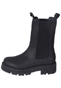 Black ankle boot made of leather with elastic side panels and a chunky rubber sole. Features pull tabs for easy wear.