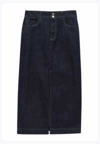 Tummansininen denim-olkaimellinen hame, joka ulottuu polveen. Hameessa on edessä nappikiinnitys, vyölenkit ja kaksi etutaskua. Sileä pinta, jossa on keltaisia ompeleita.