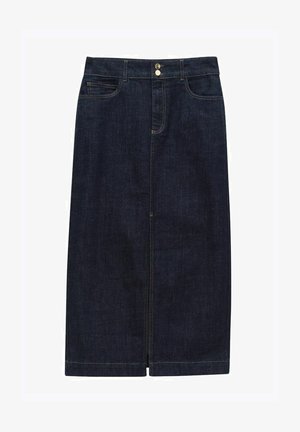 Denim nederdel i knælængde i mørkeblå, med frontknaplukning, bæltestropper og to forlommer. Glat tekstur med gul syning.