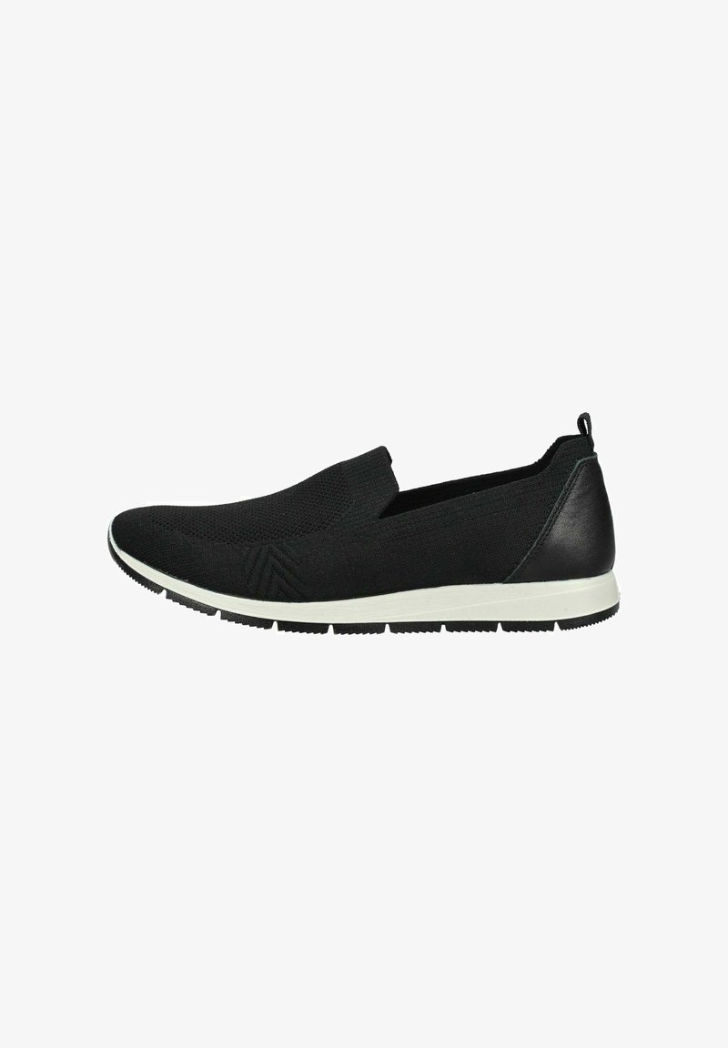 Baskets noires sans lacets avec tige en maille, semelle blanche et patch en cuir au talon, conçues pour un usage décontracté.